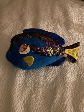 Ty Blue Plush Tropical Fish with Yellow Accents and Iridescent Scales
